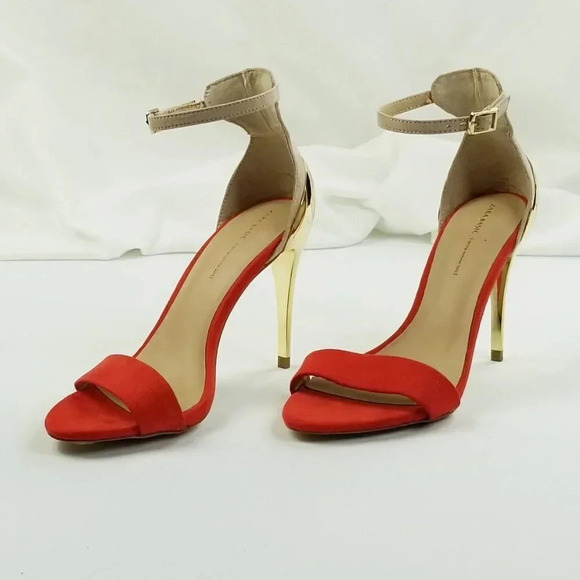 Zara Basic Size 36 (US 5.5-6) Women's Red Suede Ankle Strap Gold Heel Pumps - Picture 10 of 12
